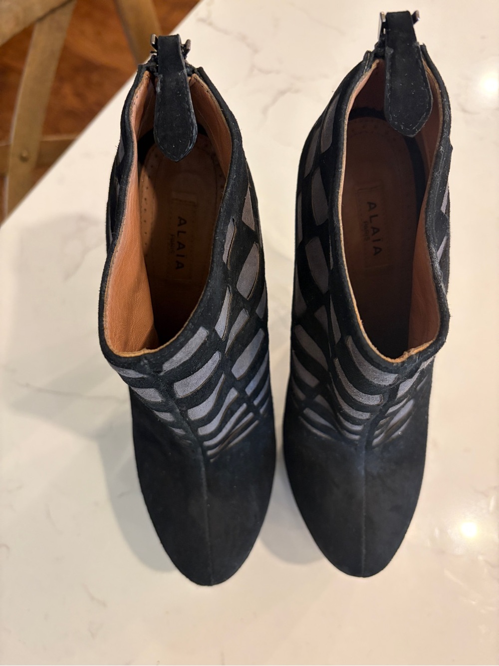 Alaia Black and Gray Suede Laser Cut Platform Booties Size Heels.Size 36 or US 6
